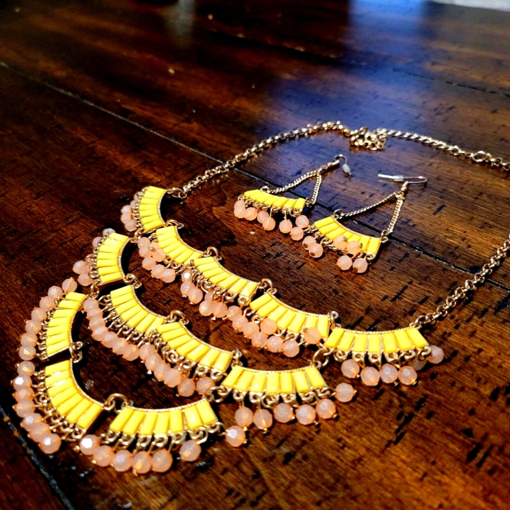 Gypsy 3 row jewel collar necklace with matching chandelier earrings